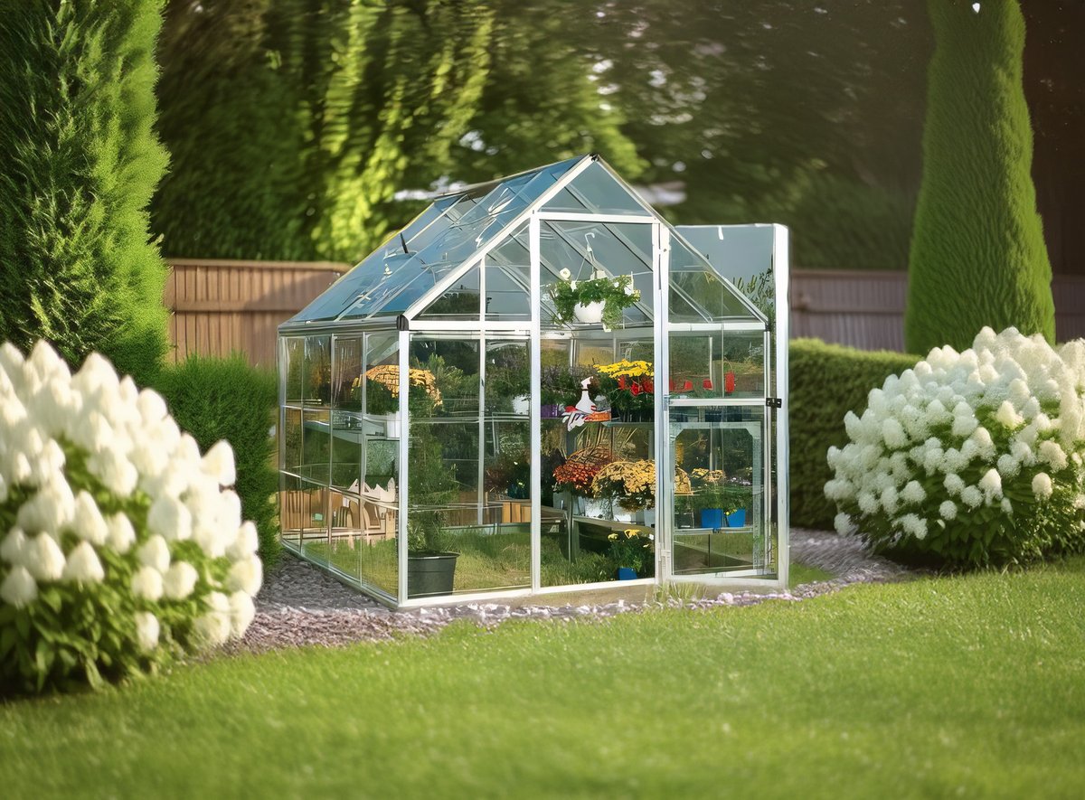 Palram Canopia Harmony 6x8 silver greenhouse with clear single-wall polycarbonate panels showing high light transmission
