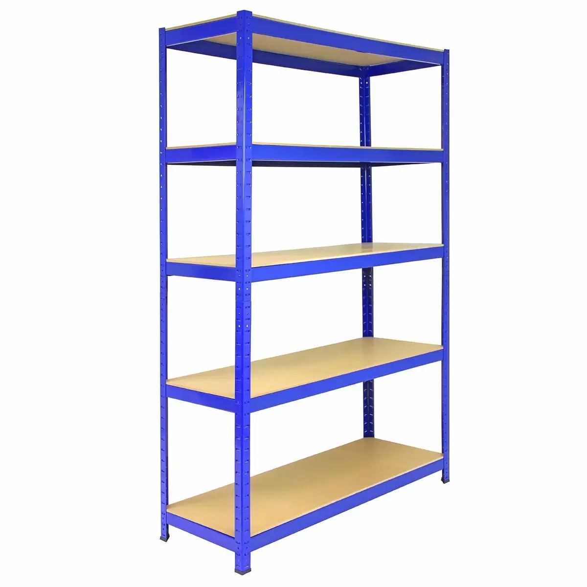Bulldog 120cm x 45cm 5 tier blue powder-coated shelving unit fitted against the back wall of a UK greenhouse, providing five stacked shelves for seed trays, propagators, and small plant pots — example of stackable vertical shelving in a small greenhouse