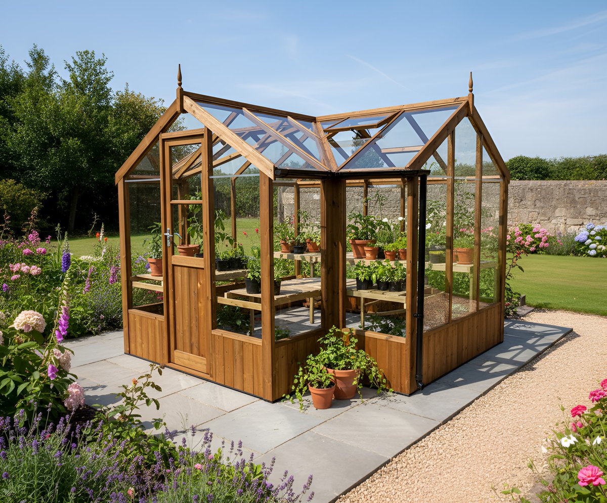 Swallow Cygnet 6x11 T-shaped ThermoWood greenhouse in a UK garden with composting and coffee ground storage setup