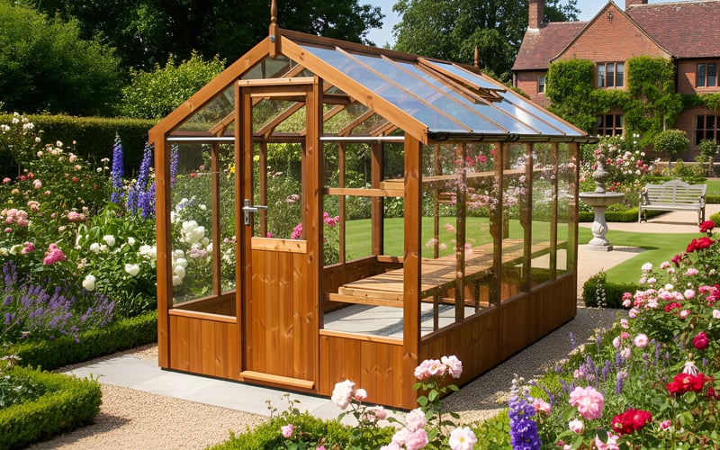 Swallow Kingfisher 6x10 wooden greenhouse with ThermoWood frame in a mature garden setting