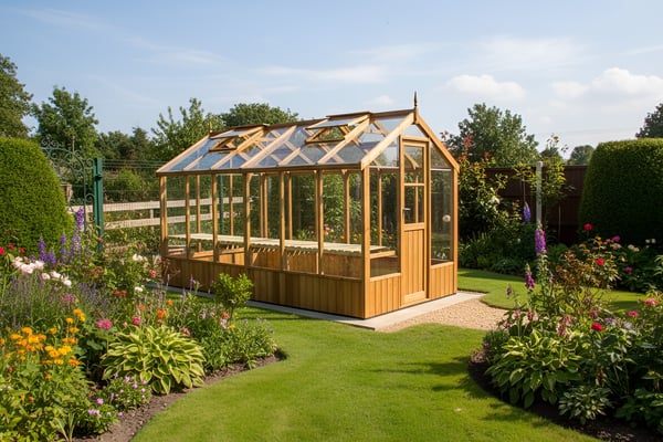 Swallow Kingfisher 6x12 thermo wood greenhouse in a mature UK garden with herbaceous borders