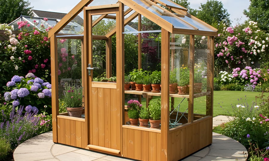 Swallow Kingfisher 6x4 Wooden Greenhouse in thermo wood in a cottage garden setting with mature borders
