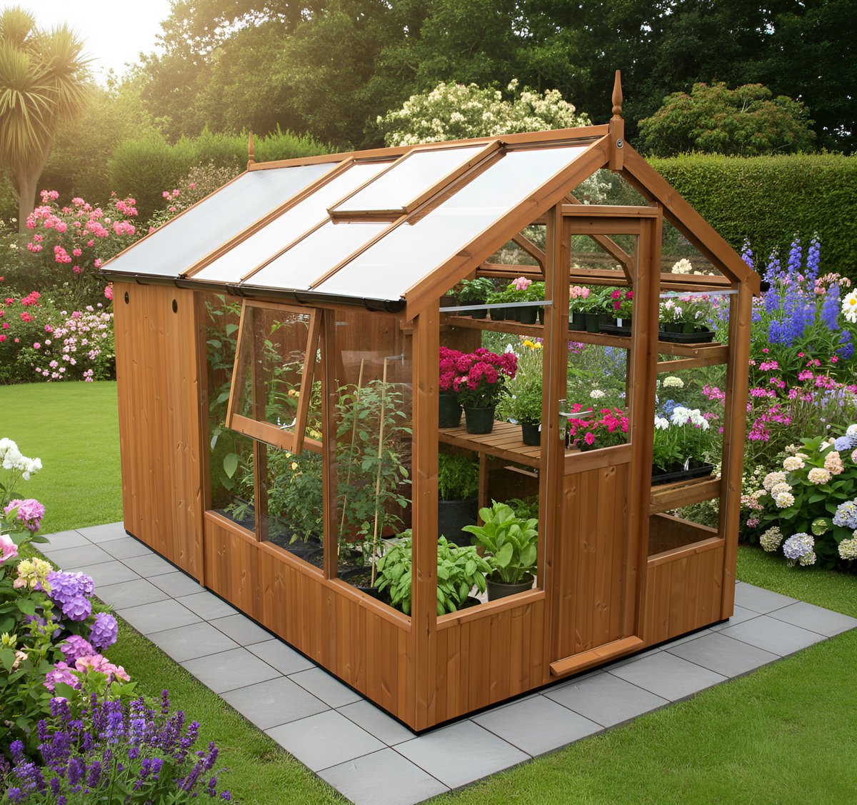 Swallow Kingfisher 6x4 wooden greenhouse plus 4ft shed combination in a UK garden, showing the apex roof spanning both the glazed growing half and the solid timber storage half — combi greenhouse-shed format