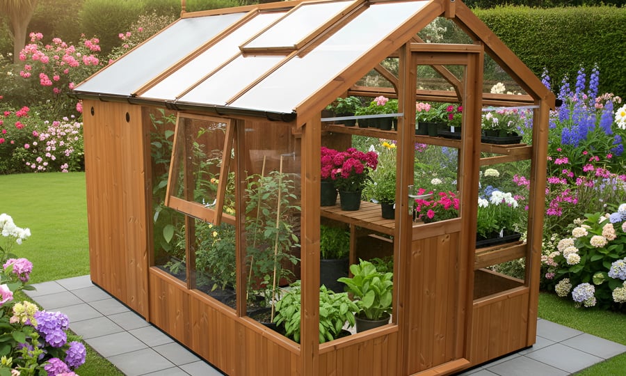 Swallow Kingfisher 6x4 Greenhouse and 4ft Shed Combination unit in a cottage garden with pollinator borders