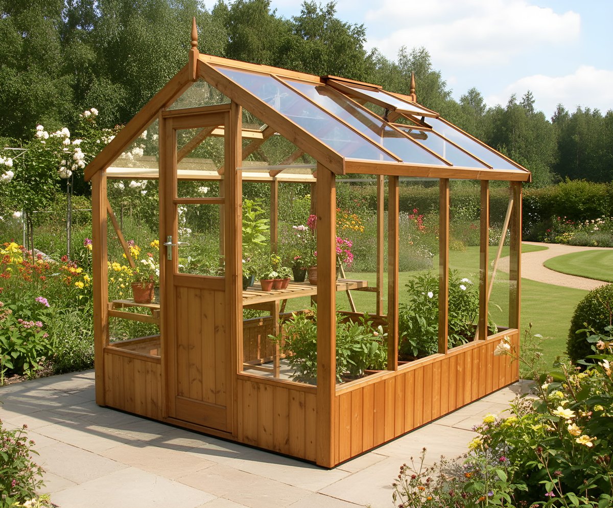 Swallow Kingfisher 6x8 wooden greenhouse handcrafted in UK thermo wood, with apex roof, hinged door and toughened glazing, fitted in an exposed UK garden — example of a smaller structural-timber greenhouse suitable for moderate-to-high wind exposure