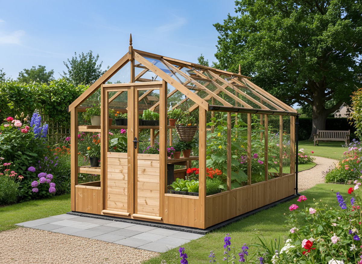 Swallow Raven 8x10 wooden ThermoWood greenhouse in a UK garden surrounded by companion plants and pest-friendly flowering borders