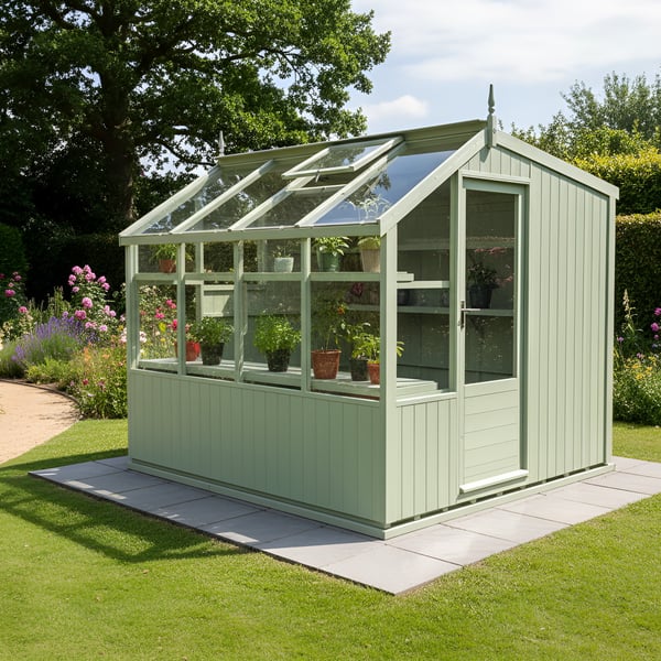 A spacious Swallow Rook potting shed in a large UK garden, with ample room for staging and storage.