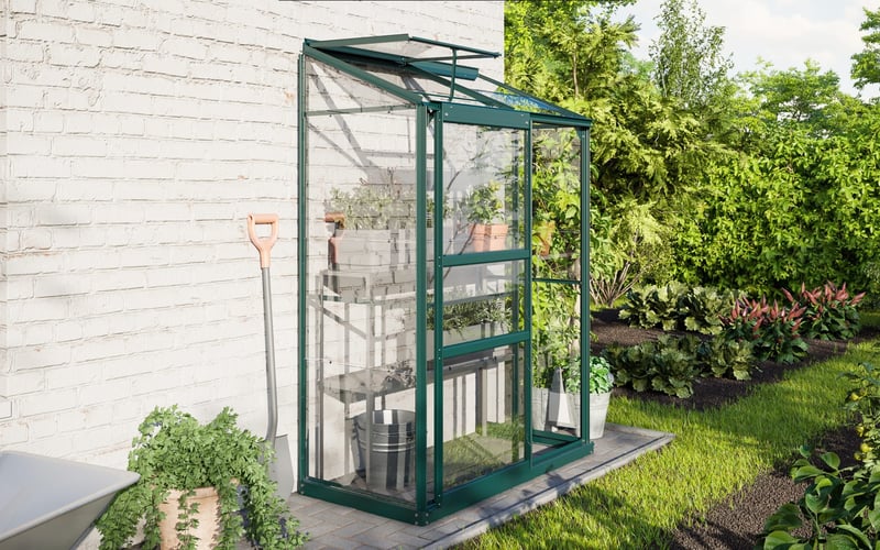 A lean-to greenhouse is an excellent space-saving solution for narrow gardens.