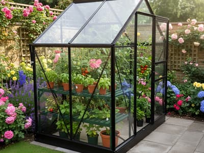 Vitavia 6x4 Black Venus 2500 Greenhouse in a garden setting