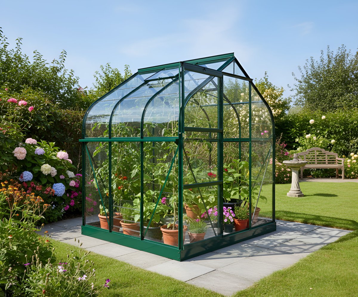 Vitavia Orion 3800 6x6 green aluminium curved-eaves apex greenhouse in a UK garden, showing the gentle curve where the side walls meet the pitched roof — softer profile than a standard gable