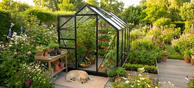 Modern greenhouse in garden setting