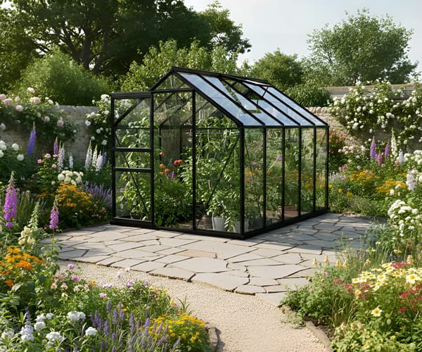 Vitavia 6x10 Black Apollo greenhouse with clean toughened glass panels