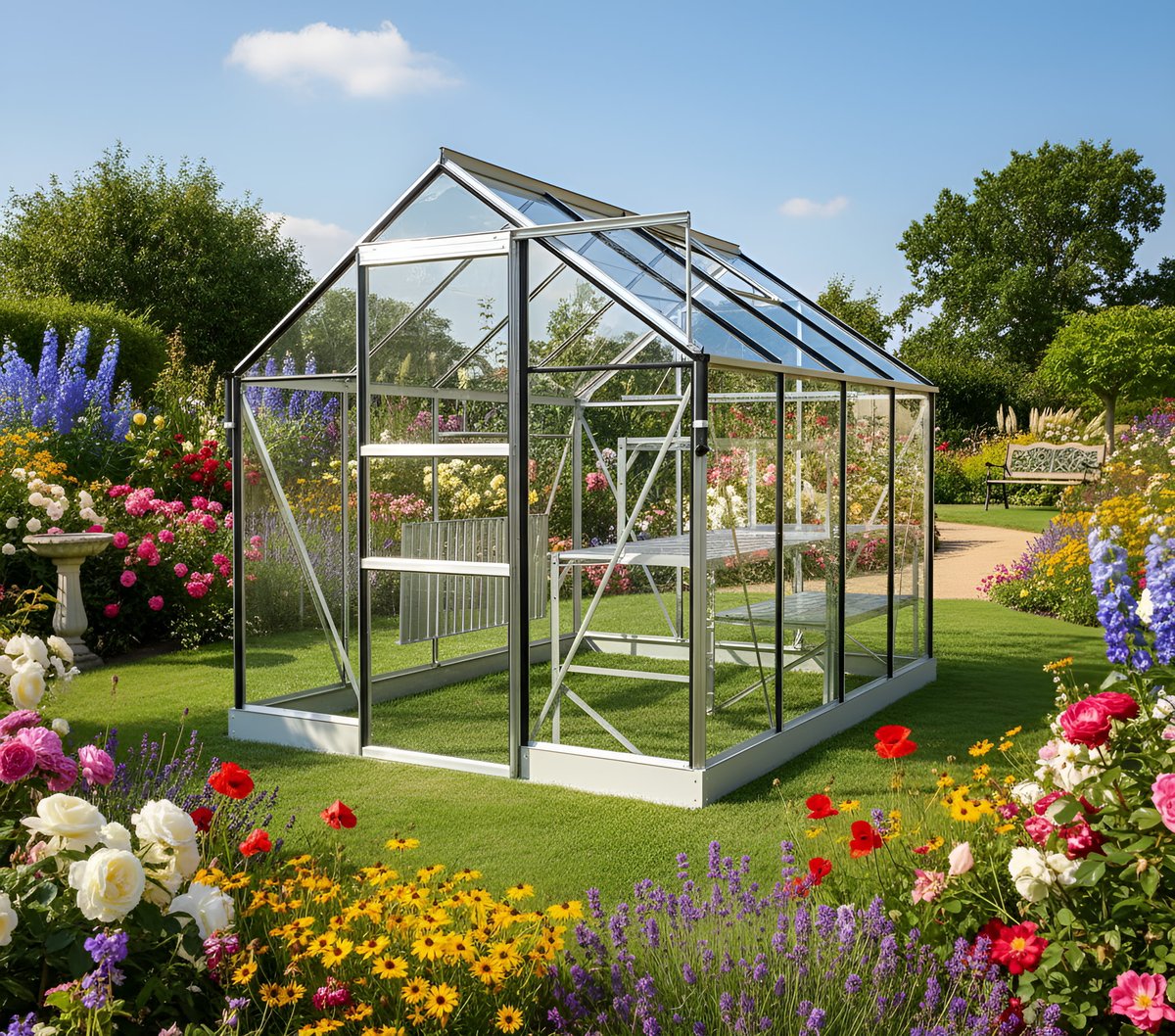 Vitavia 8x6 Apollo 5000 silver greenhouse in a UK garden growing tomatoes with French marigolds and basil as companion pest repelling plants