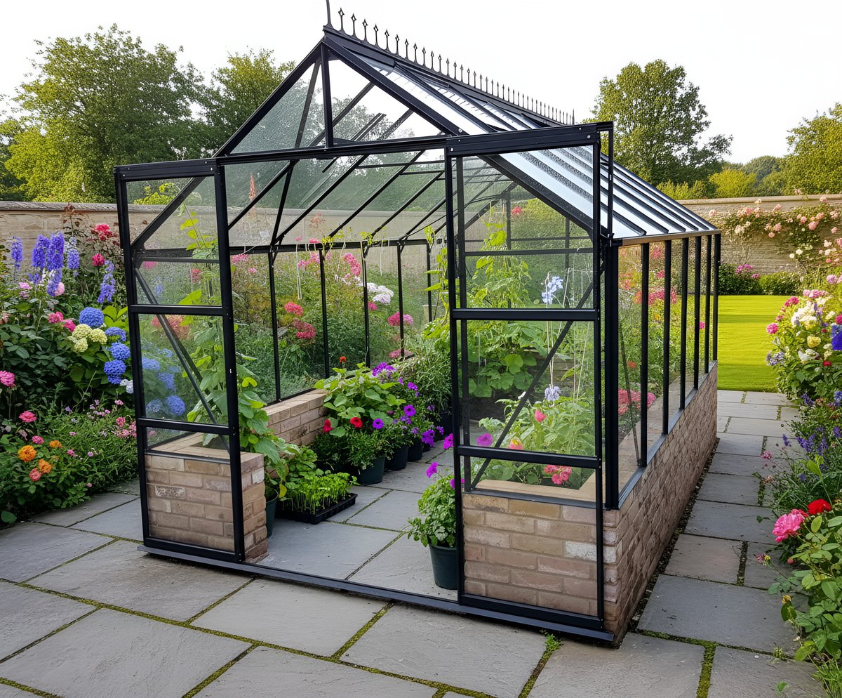 Vitavia Cassandra 8x12 black aluminium dwarf-wall greenhouse on a brick base in a UK garden — apex roof shape with lower brick course acting as heat-retaining thermal mass