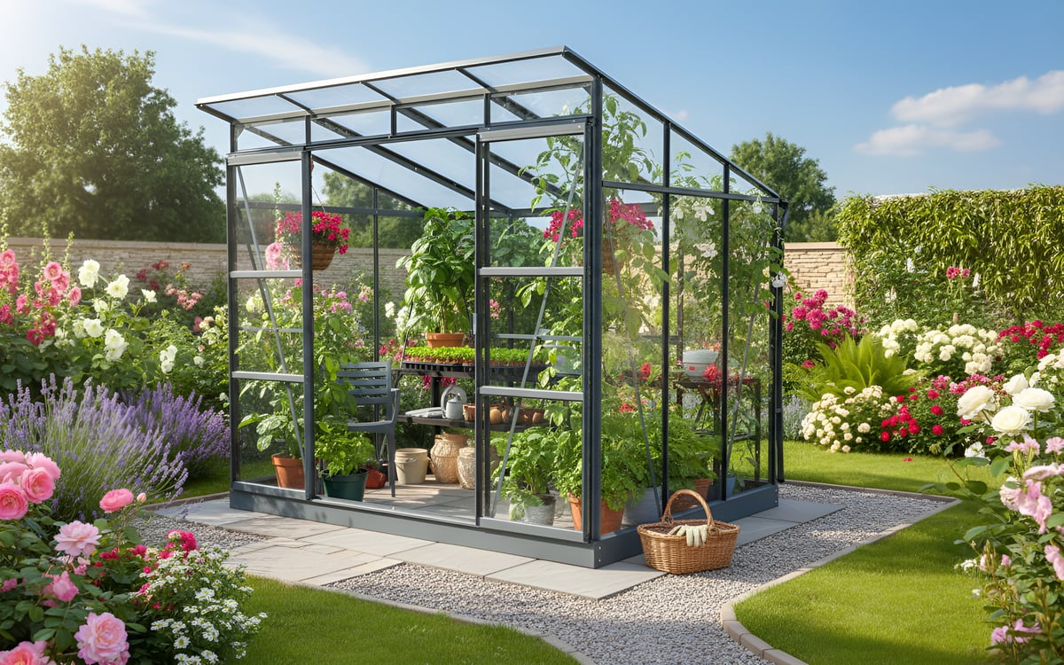 Vitavia Freya 8x6 grey greenhouse with toughened glass sides and 6mm twin-wall polycarbonate pent roof