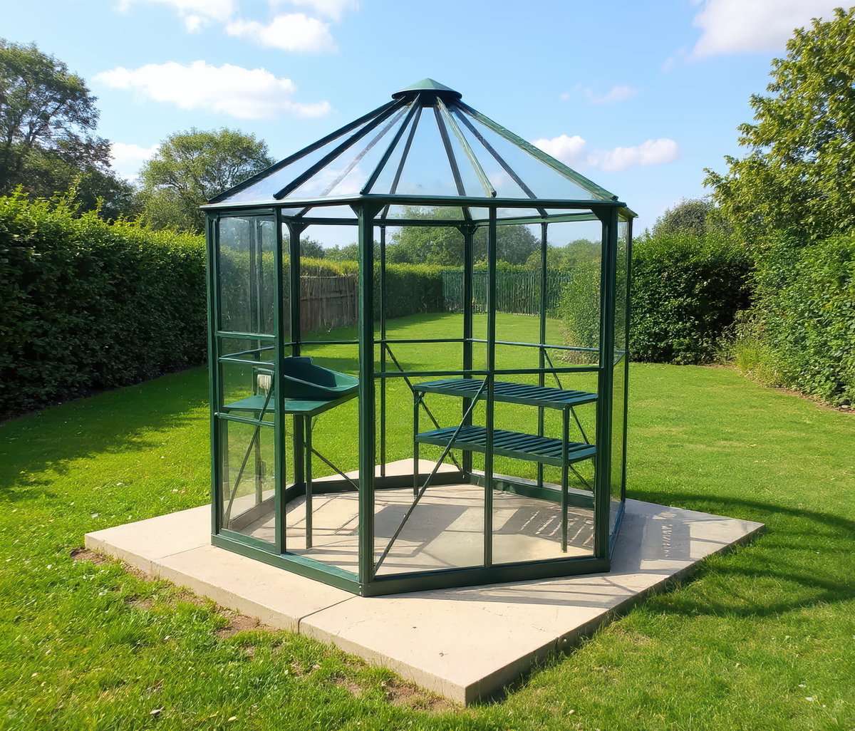 Vitavia Hera 4500 green aluminium orangery greenhouse with raised central glazed lantern roof in a UK garden, showing the hipped roof with clerestory lantern that pulls hot air out by convection