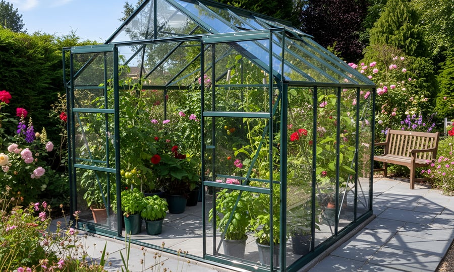 Vitavia 8x10 Green Phoenix 8300 Greenhouse with roof vents and louvre side vents open for cross-flow ventilation