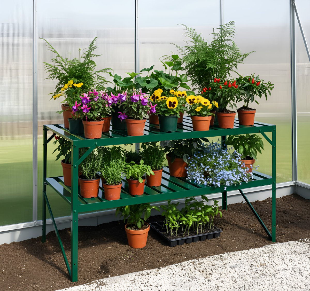 Vitavia 2 Tier green powder-coated aluminium greenhouse staging unit, two layers of slatted shelving designed to fit inside a UK Vitavia greenhouse and lift seed trays and herb pots off the floor for better vertical use of bench space