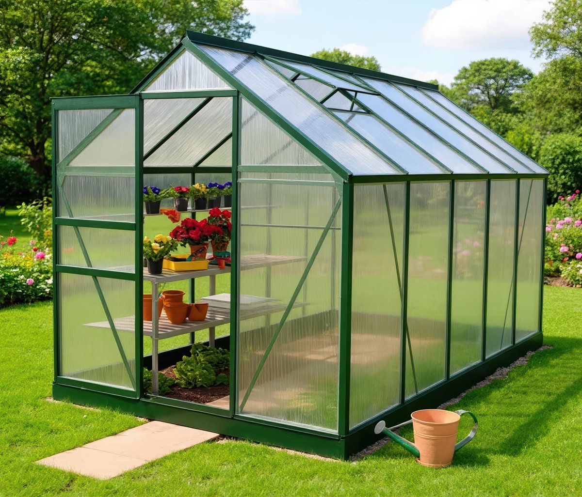 Vitavia Venus 7500 6x12 green greenhouse with 4mm twin-wall polycarbonate glazing in a UK garden