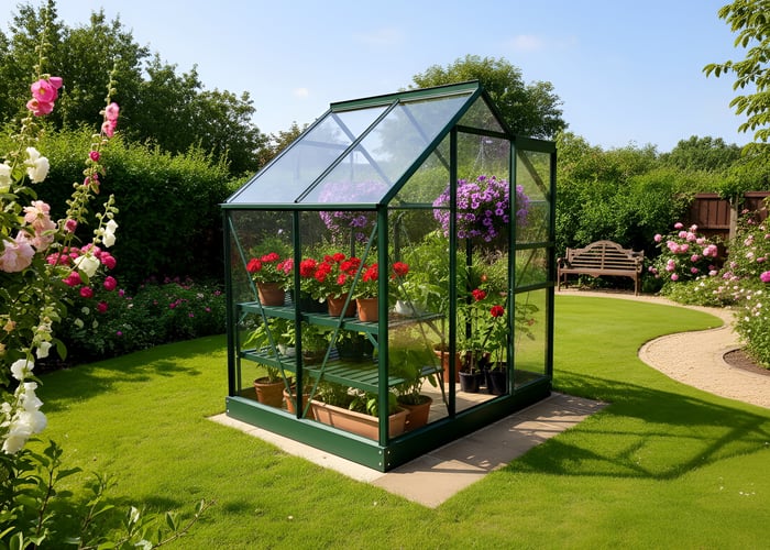 Vitavia Venus 6x8 greenhouse in green aluminium in a UK garden