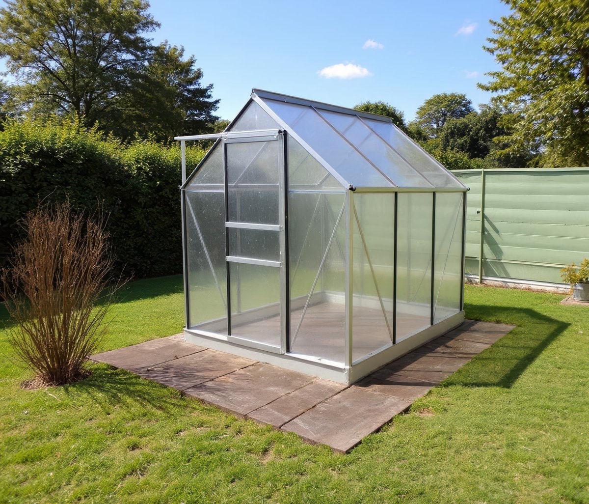 Vitavia Venus 6x6 polycarbonate greenhouse in a UK garden growing acid-loving tomatoes and blueberries that benefit from coffee ground mulch